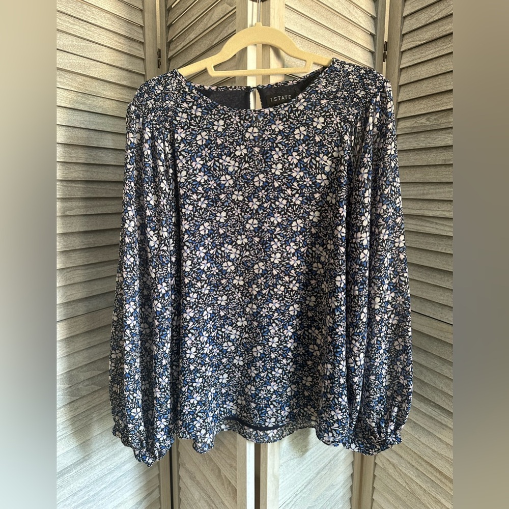 1State Chiffon, Blue  Floral,  Blouse, Long Sleeve, lined, XL